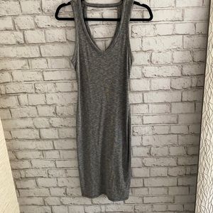 mid-length, tight, gray dress